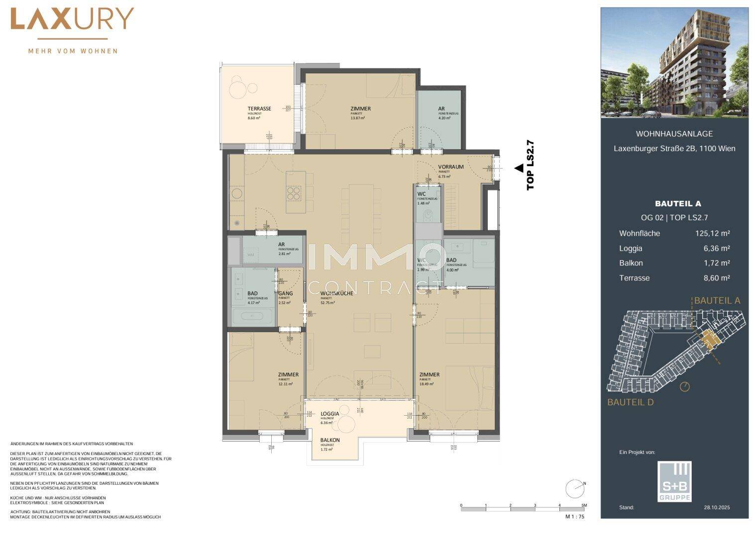 Grundriss einer Wohnung mit offener Wohnküche, mehreren Zimmern, Bädern, WC, Abstellraum, Loggia, Balkon und Terrasse.