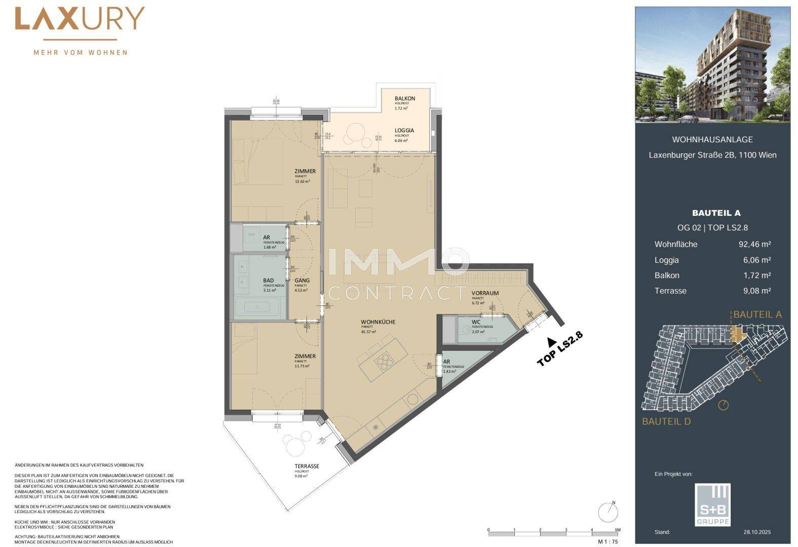 Grundrissplan einer Wohnung mit offener Wohnküche, zwei Schlafzimmern, Bad, separatem WC, Loggia, Balkon und Terrasse.