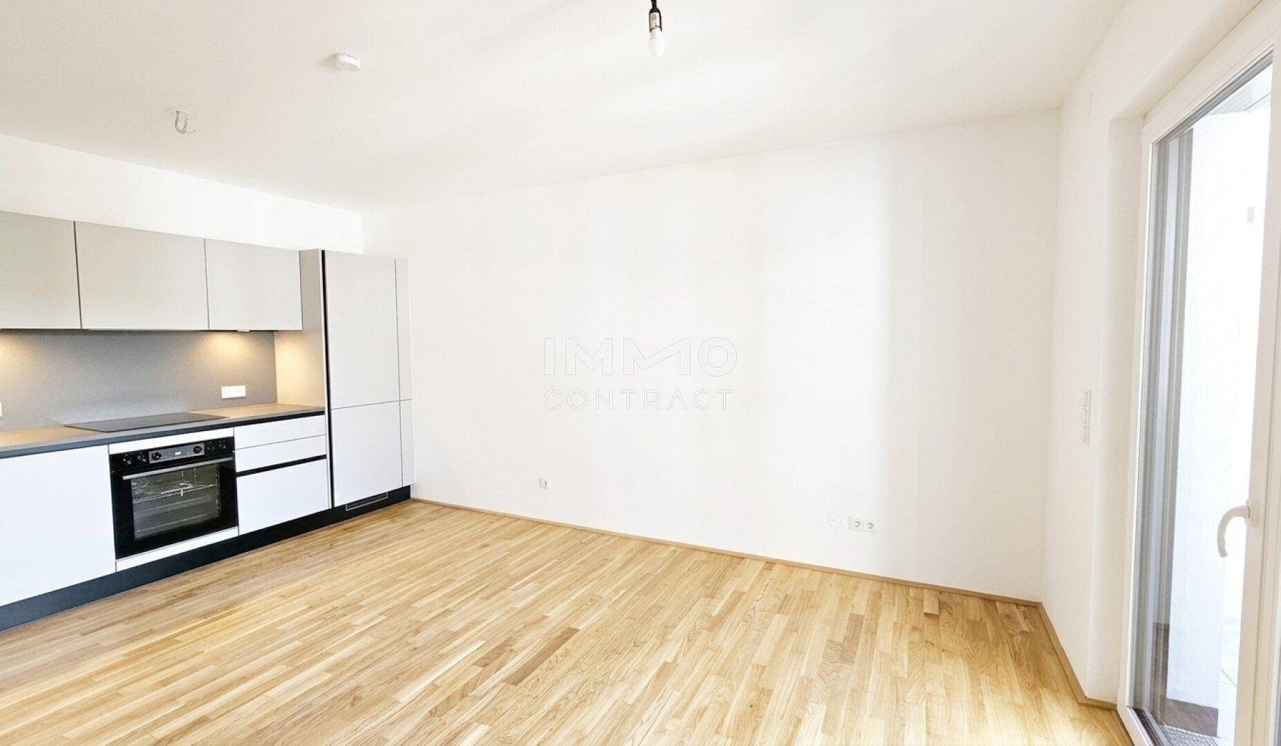 Heller offener Wohnbereich mit integrierter Küchenzeile, Parkettboden und Zugang zum Balkon.