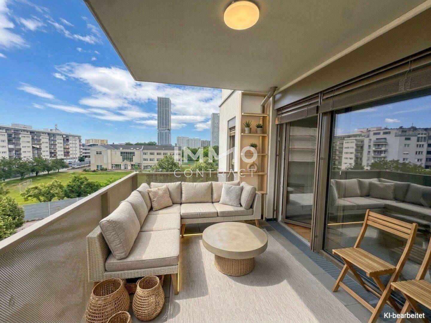 Großer, möblierter Balkon mit bequemen Sitzgelegenheiten und weitem Blick über die Stadt.