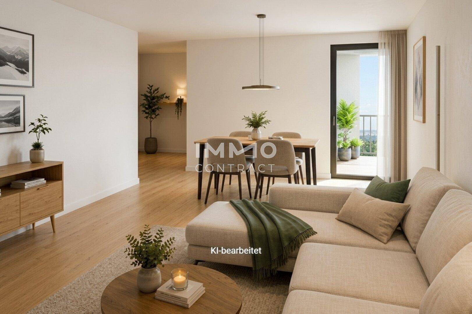 Heller offener Wohn- und Essbereich mit modernem Design, Holzboden und Zugang zum Balkon.
