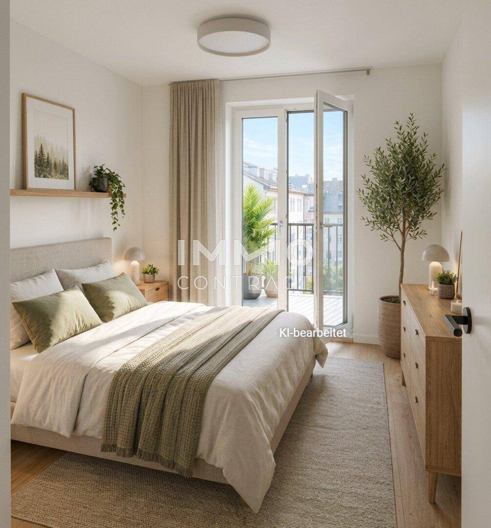 Gemütliches Schlafzimmer mit Doppelbett, Holzboden und direktem Zugang zu einem Balkon.