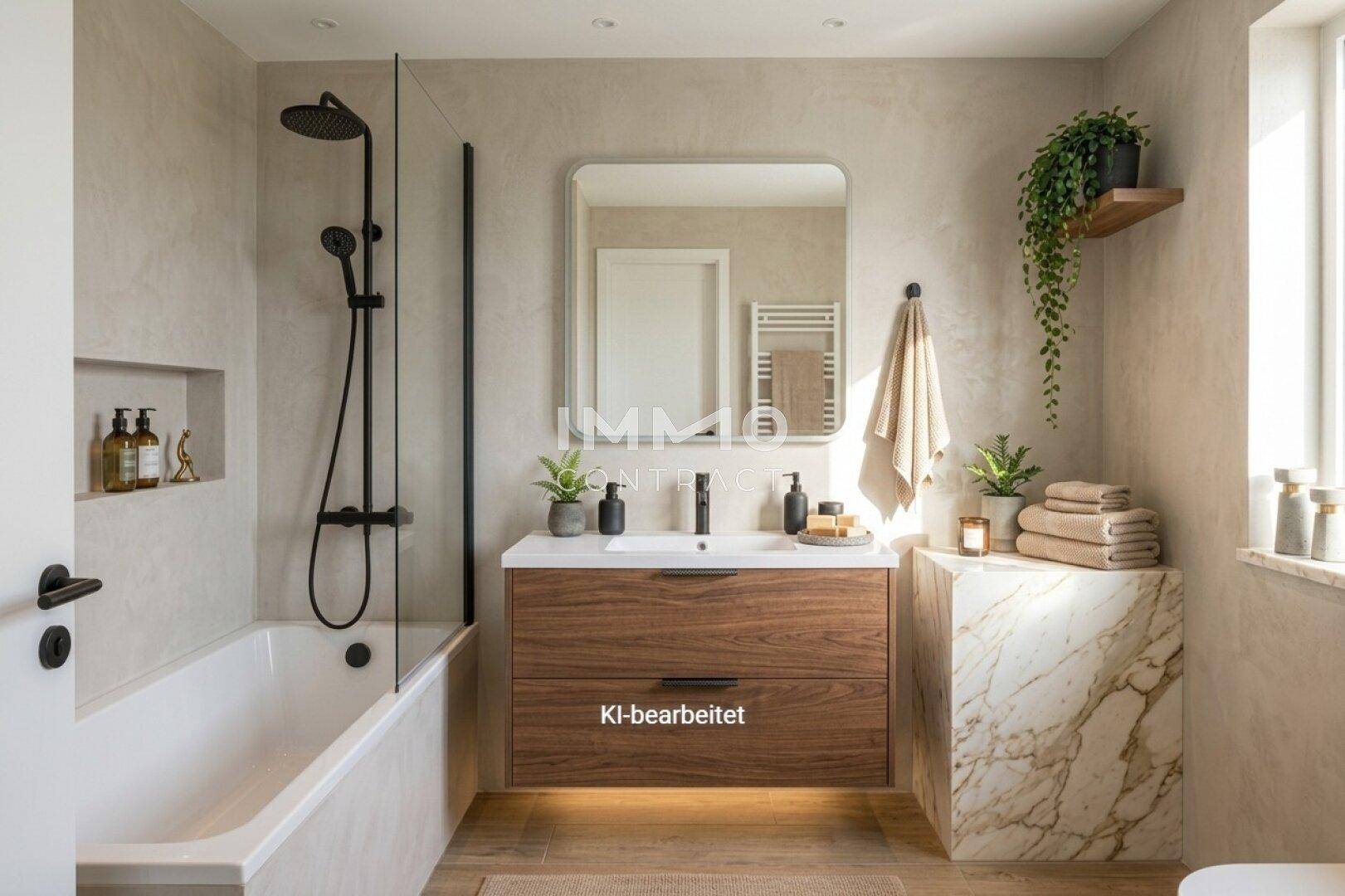 Modernes Badezimmer mit Badewanne, separater Dusche, stilvollem Waschtisch und Marmorakzenten.