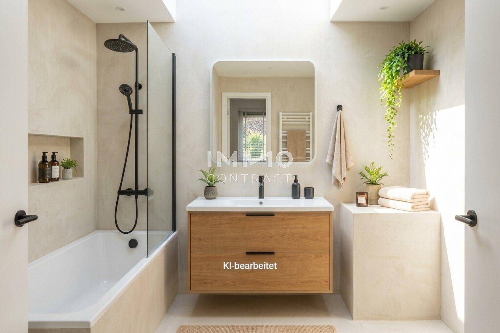Modernes Badezimmer mit Badewanne, Dusche, Holzwaschtisch und natürlichem Licht durch Oberlichter.