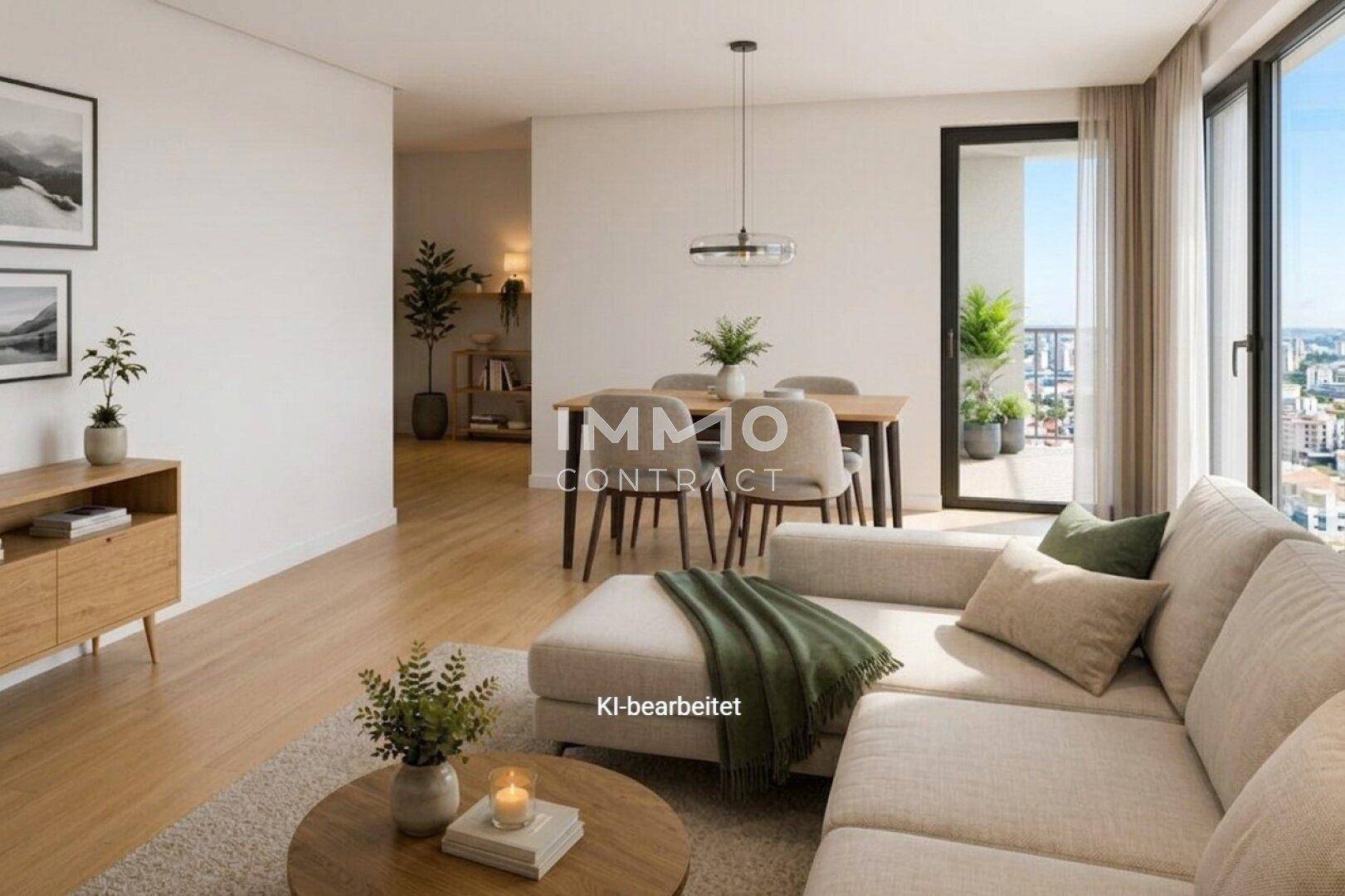 Heller, offener Wohn- und Essbereich mit modernem Design und Zugang zum Balkon.