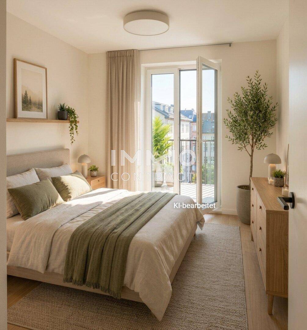 Gemütliches Schlafzimmer mit Doppelbett, Holzmöbeln und Zugang zu einem französischen Balkon.