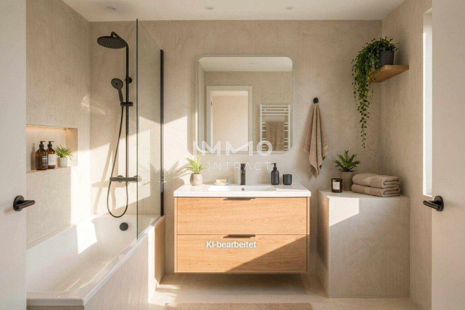 Modernes Badezimmer mit Badewanne, Dusche, Holzwaschtisch und großem Spiegel.