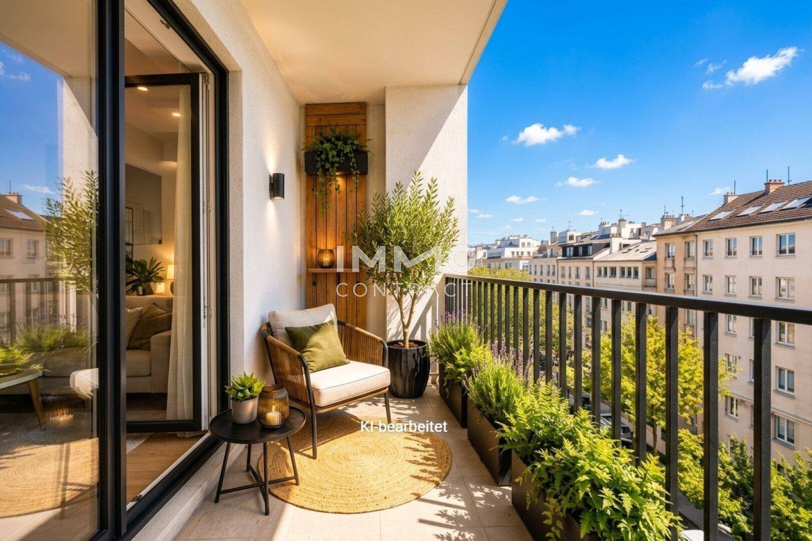 Gemütlicher Balkon mit Blick auf die Stadt, ausgestattet mit einem Sessel und grünen Pflanzen.