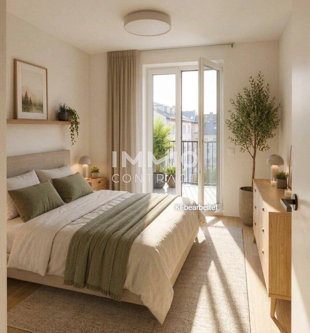 Helles Schlafzimmer mit Doppelbett, Holzmöbeln und direktem Zugang zu einem Balkon.