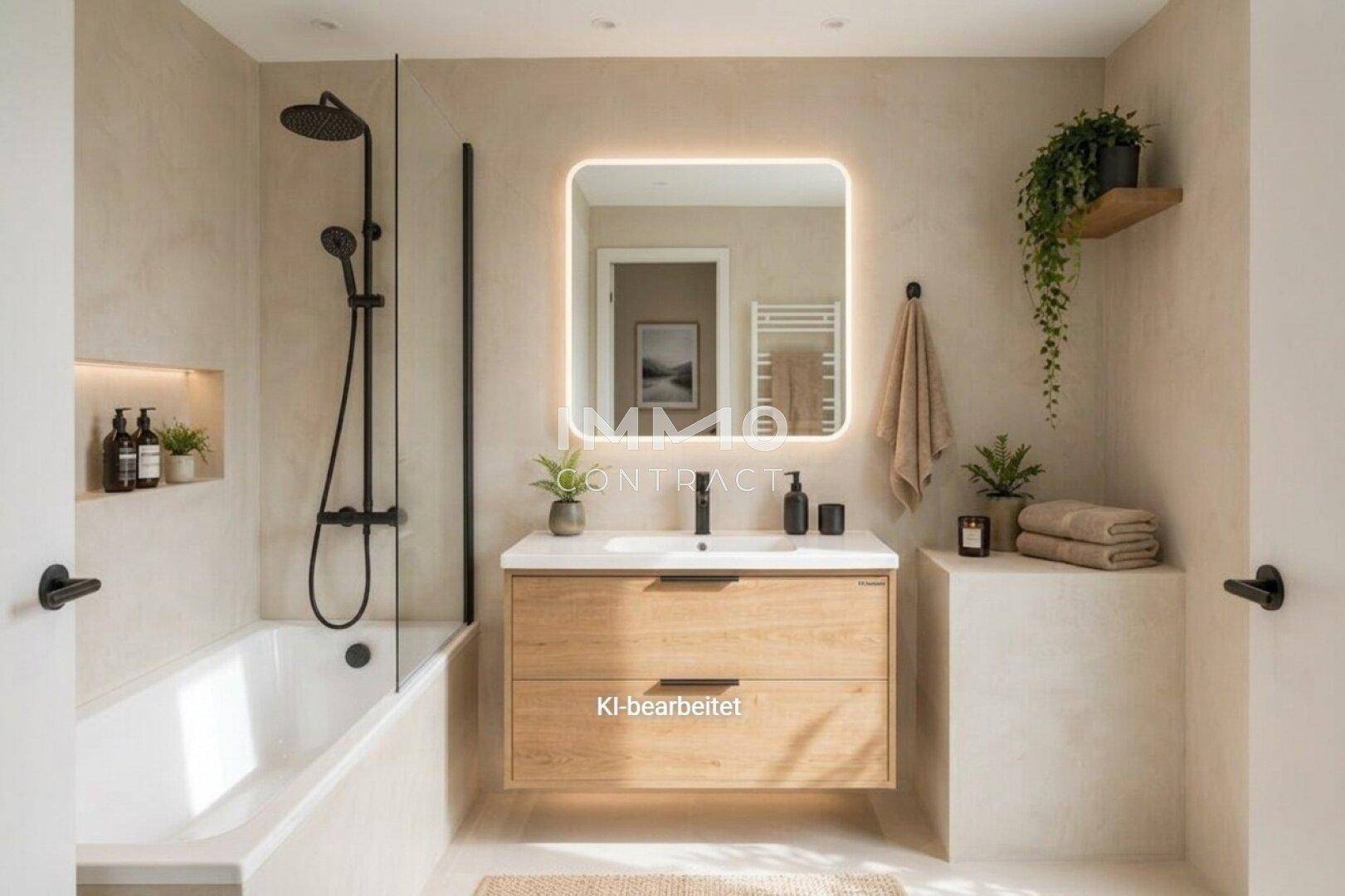 Modernes Badezimmer mit Badewanne, Dusche, beleuchtetem Spiegel und Holzwaschtisch.