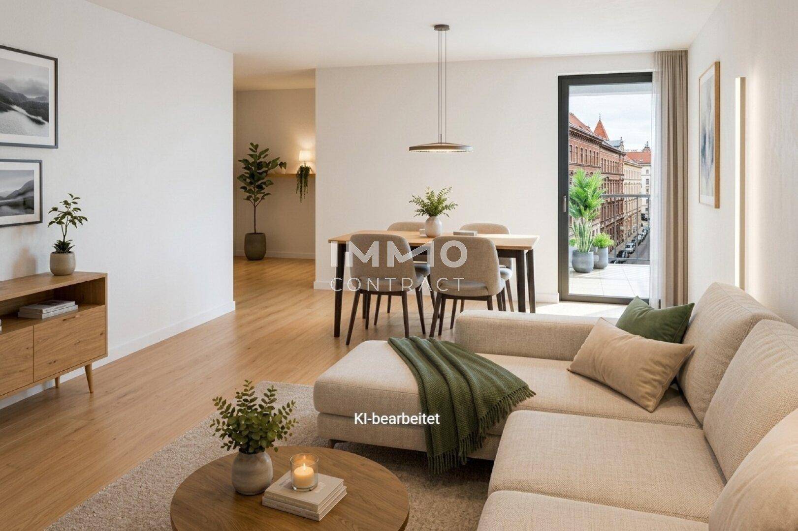 Offener Wohn- und Essbereich mit hellem Parkettboden und Zugang zum Balkon.