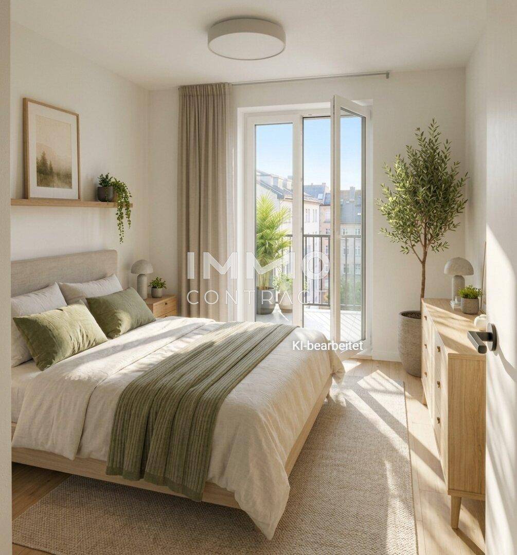 Helles Schlafzimmer mit Doppelbett, Holzakzenten und Zugang zu einem kleinen Balkon.