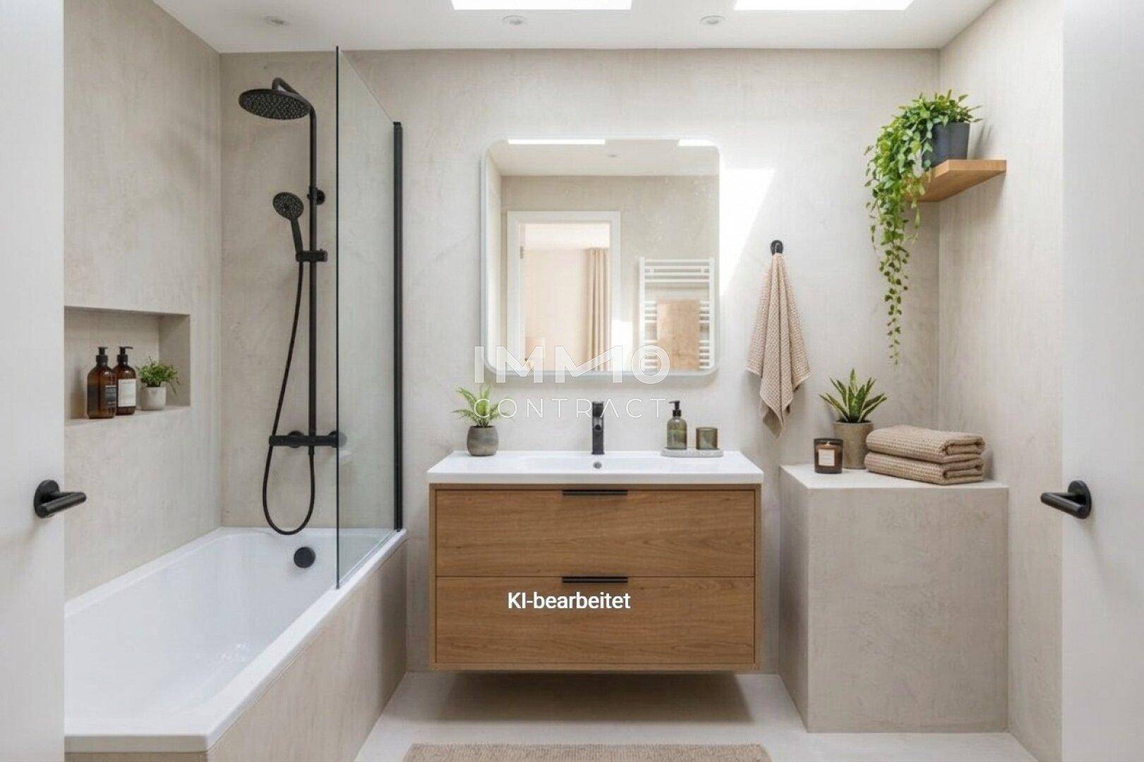 Modernes Badezimmer mit Badewanne, Dusche, Holzwaschtisch und Oberlichtern.