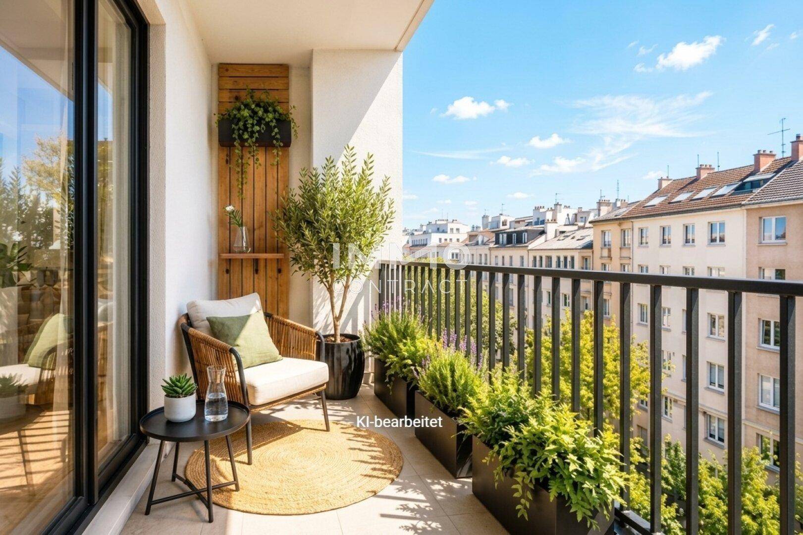 Sonniger Balkon mit gemütlicher Sitzecke, vielen Pflanzen und urbanem Ausblick.
