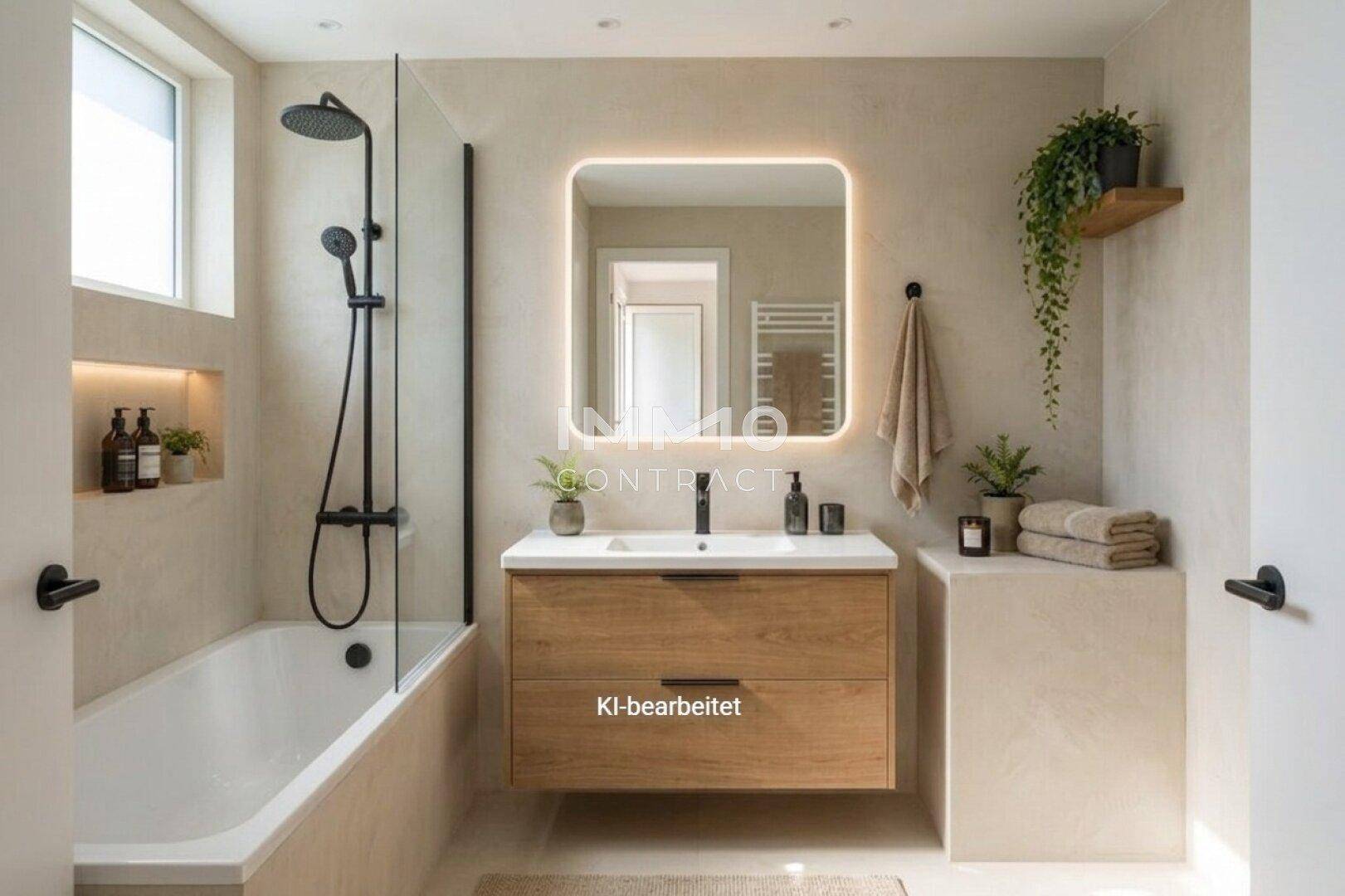 Modernes Badezimmer mit Badewanne, Dusche, beleuchtetem Spiegel und Holzwaschtisch.