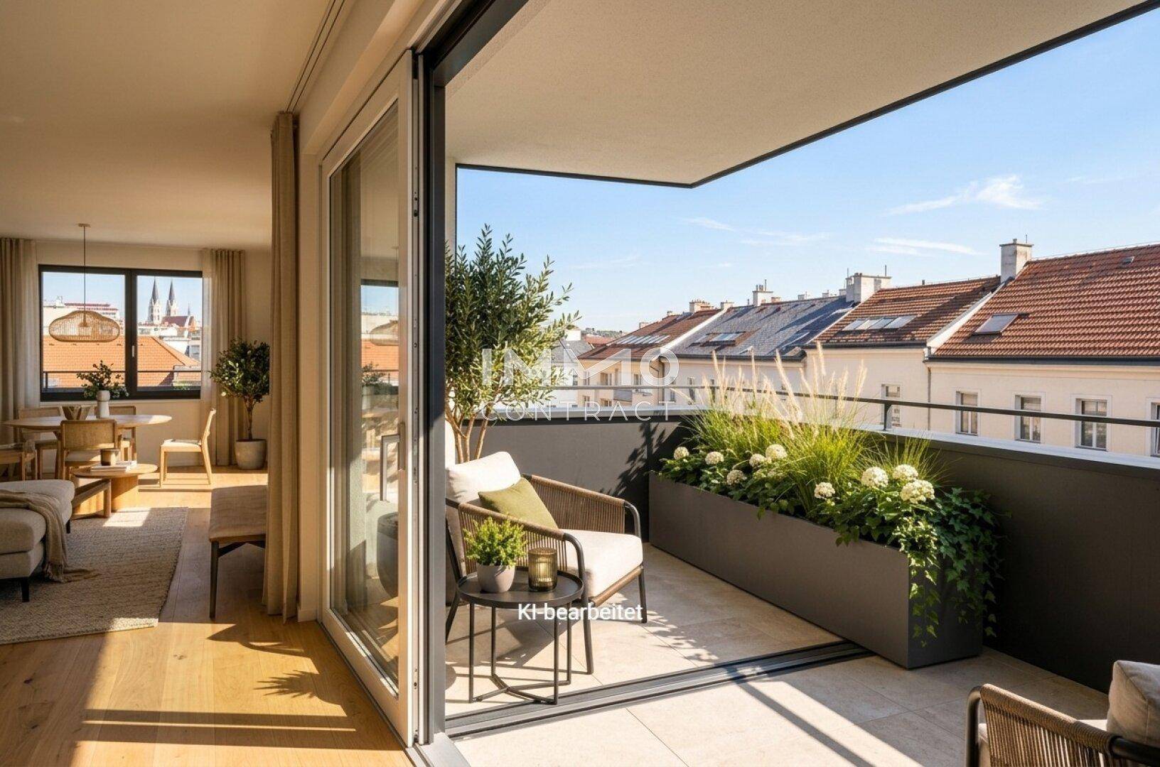Heller Balkon mit Pflanzen und weitem Blick über die Dächer der Stadt, verbunden mit dem Wohnbereich.