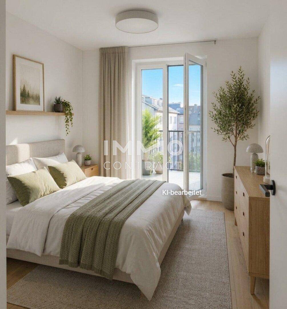 Helles Schlafzimmer mit modernem Bett, Kommode und Zugang zu einem französischen Balkon.