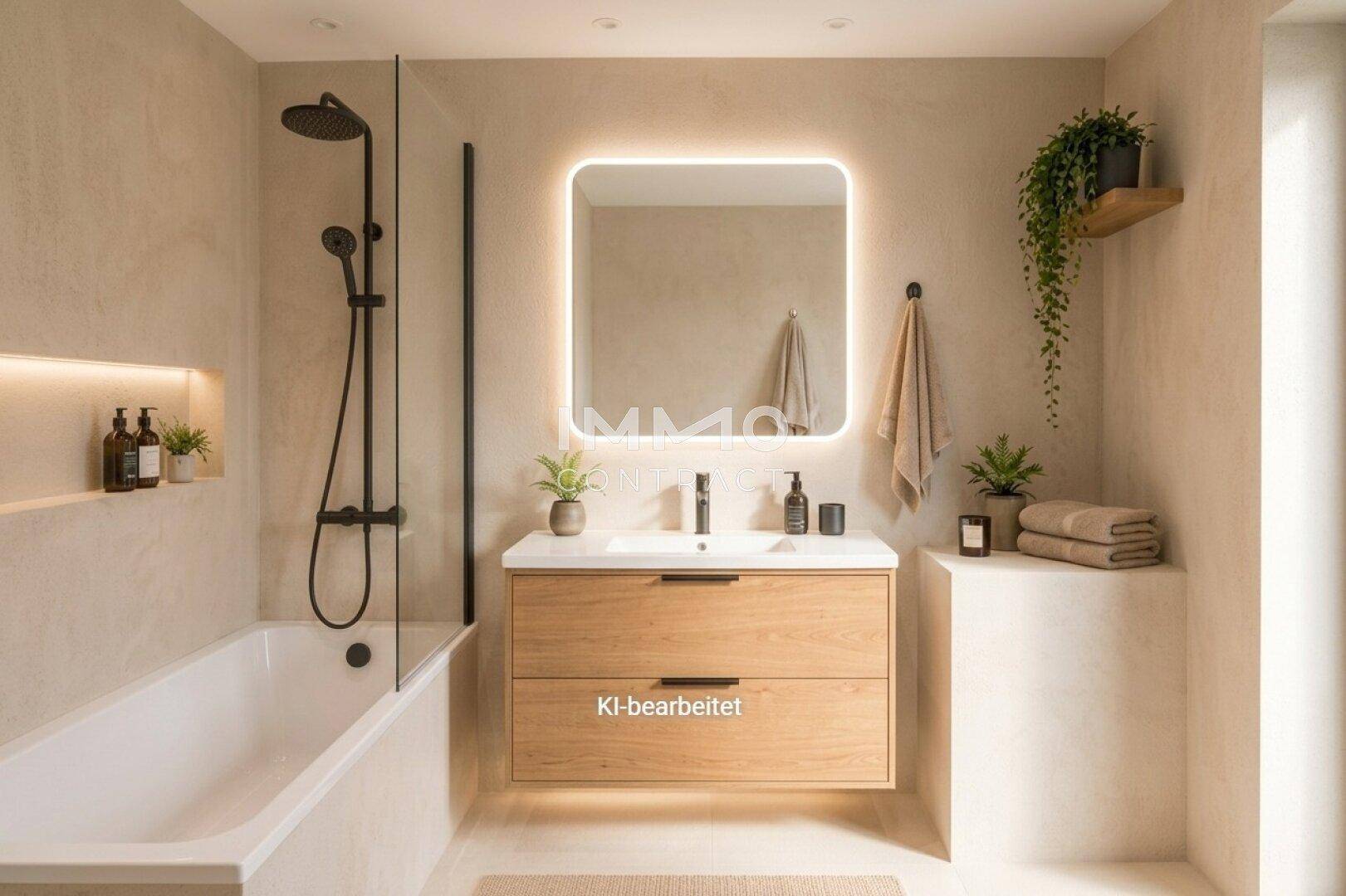 Modernes Badezimmer mit Badewanne, Dusche, Holzwaschtisch und beleuchtetem Spiegel.