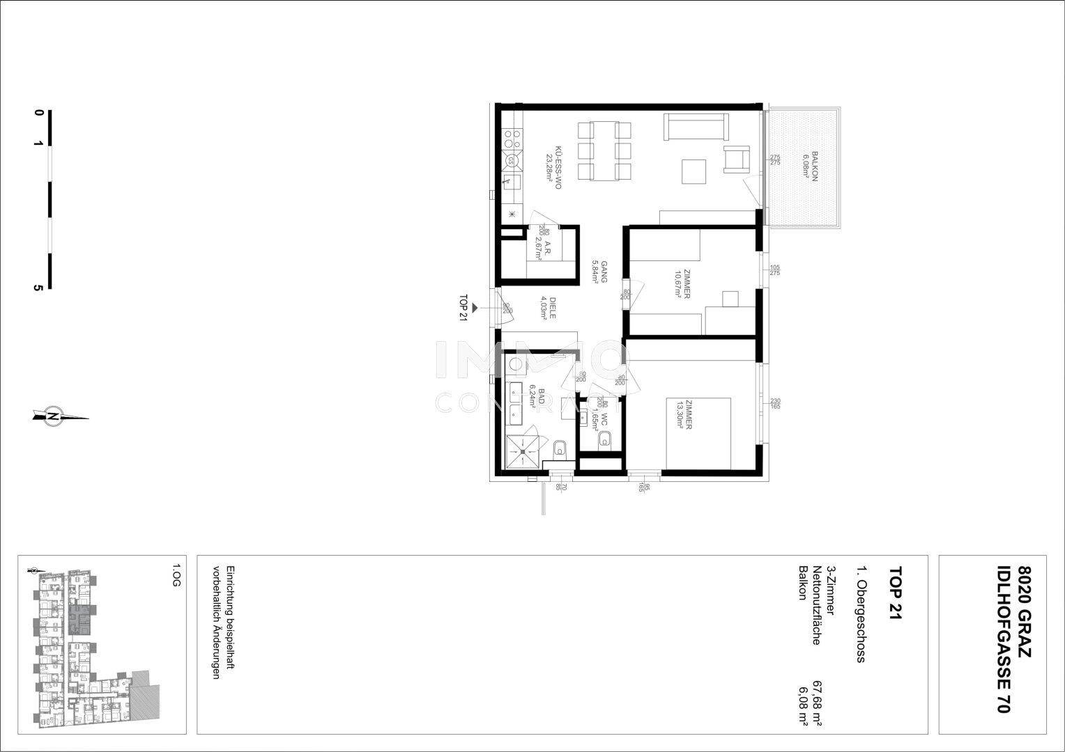 Grundriss der Wohnung "TOP 21" im ersten Obergeschoss mit Balkon und drei Zimmern.
