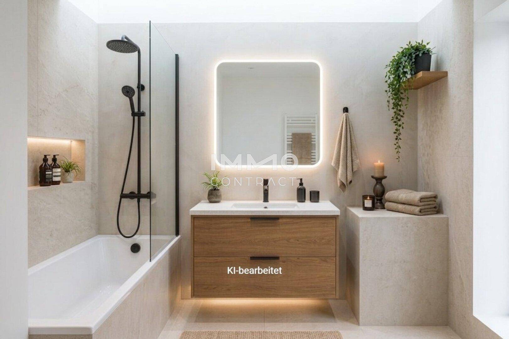 Modernes Badezimmer mit Badewanne, begehbarer Dusche, Holzwaschtisch und beleuchtetem Spiegel.