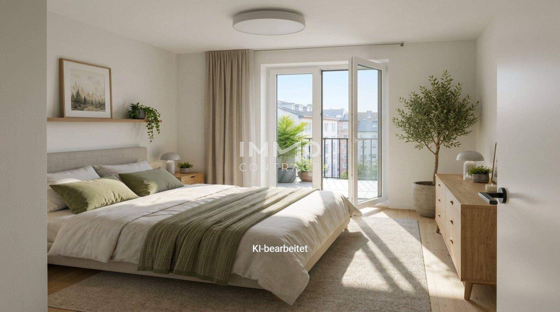 Helles Schlafzimmer mit Doppelbett, moderner Kommode und direktem Zugang zum Balkon.