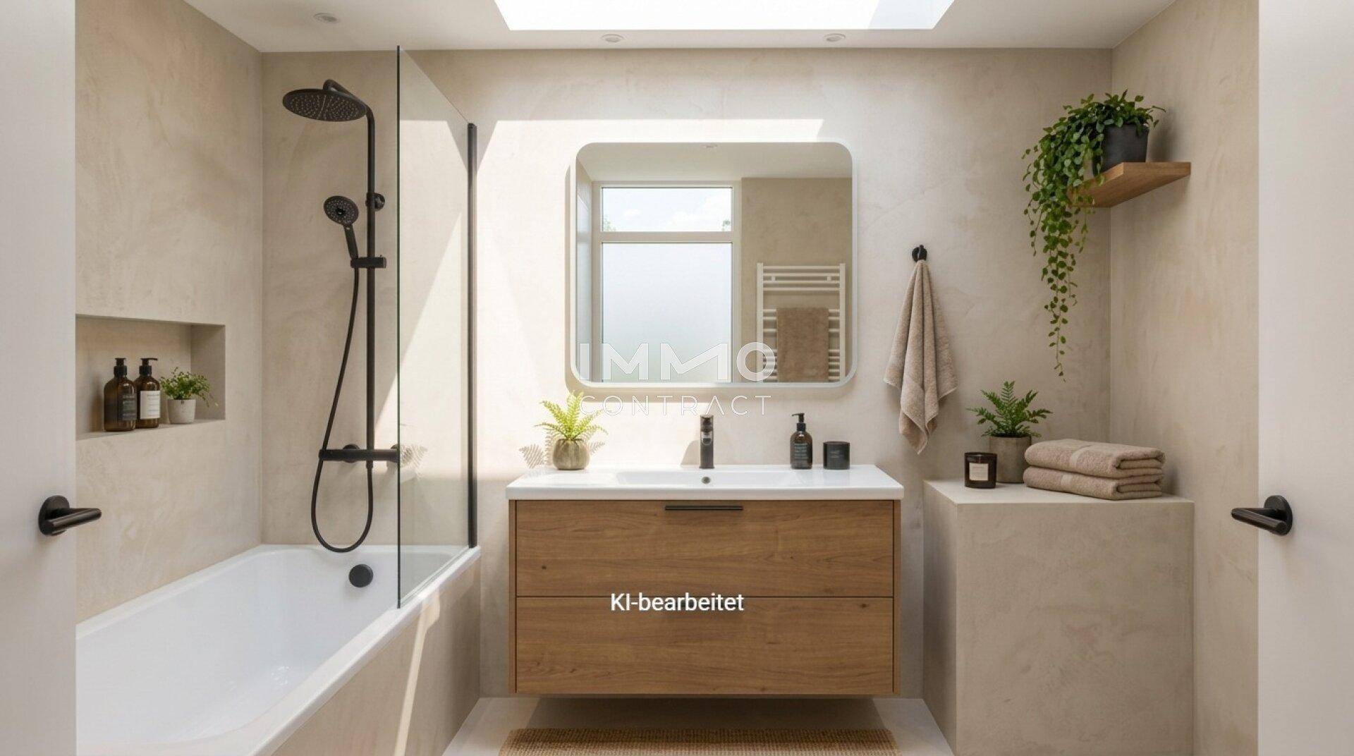 Modernes Badezimmer mit Badewanne, Dusche, Einzelwaschbecken und einem praktischen Oberlicht.