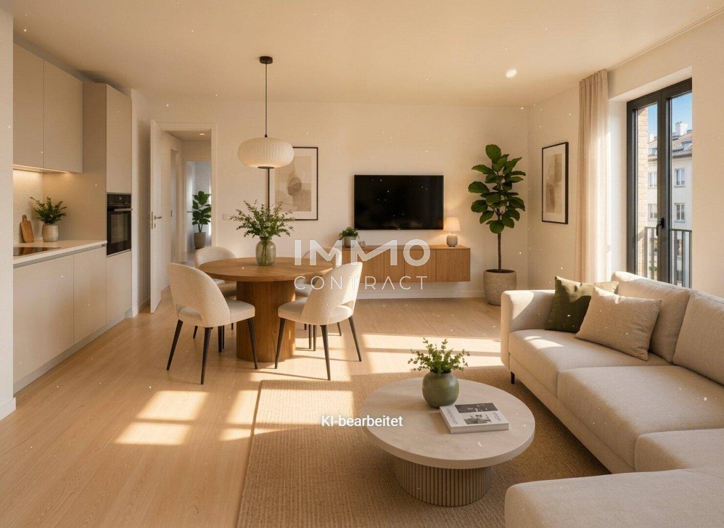 Heller offener Wohn-Essbereich mit integrierter Küche, Holzboden und modernem Design.