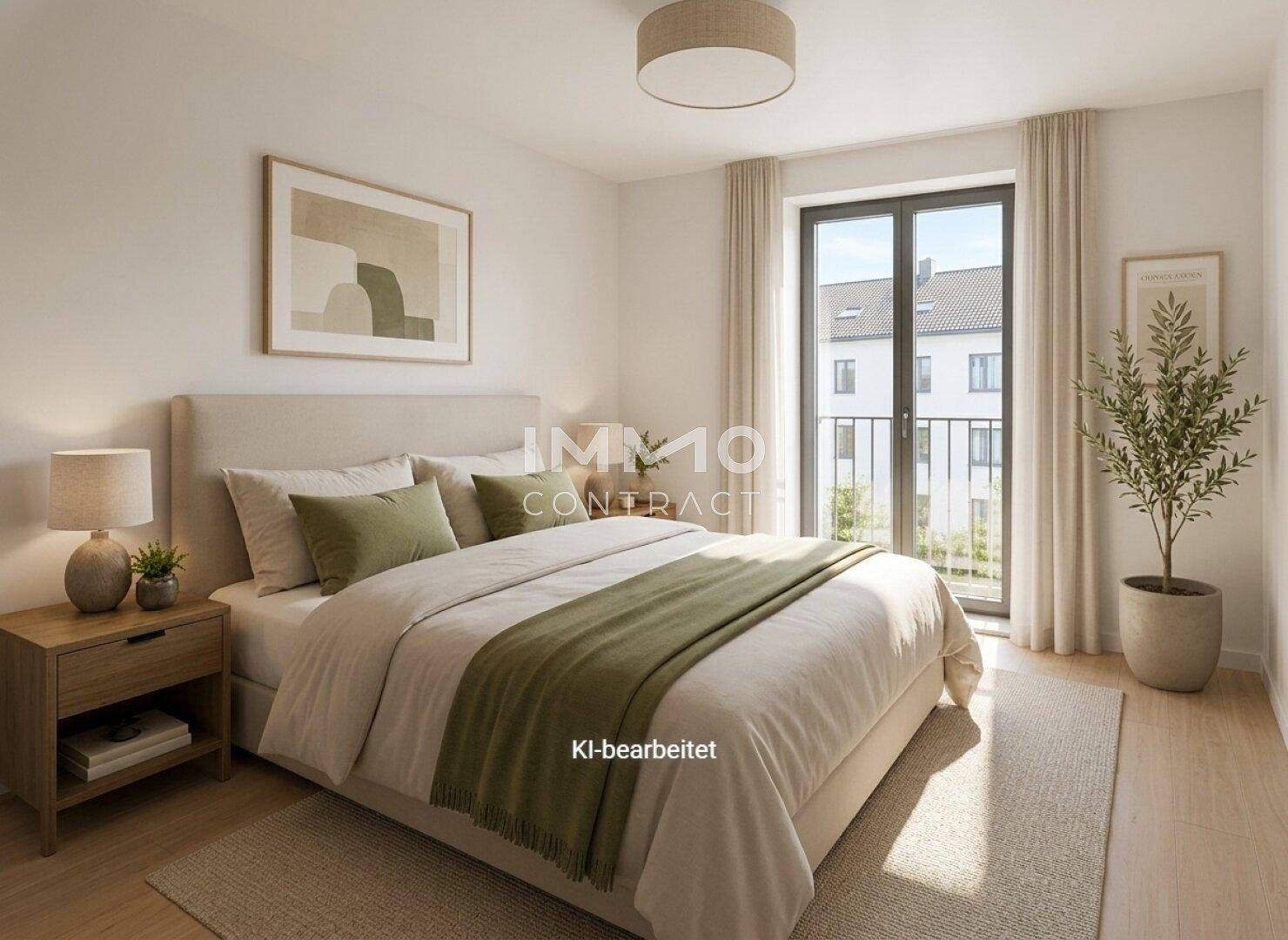 Gemütliches Schlafzimmer mit Doppelbett, Holzboden und Zugang zu einem französischen Balkon.