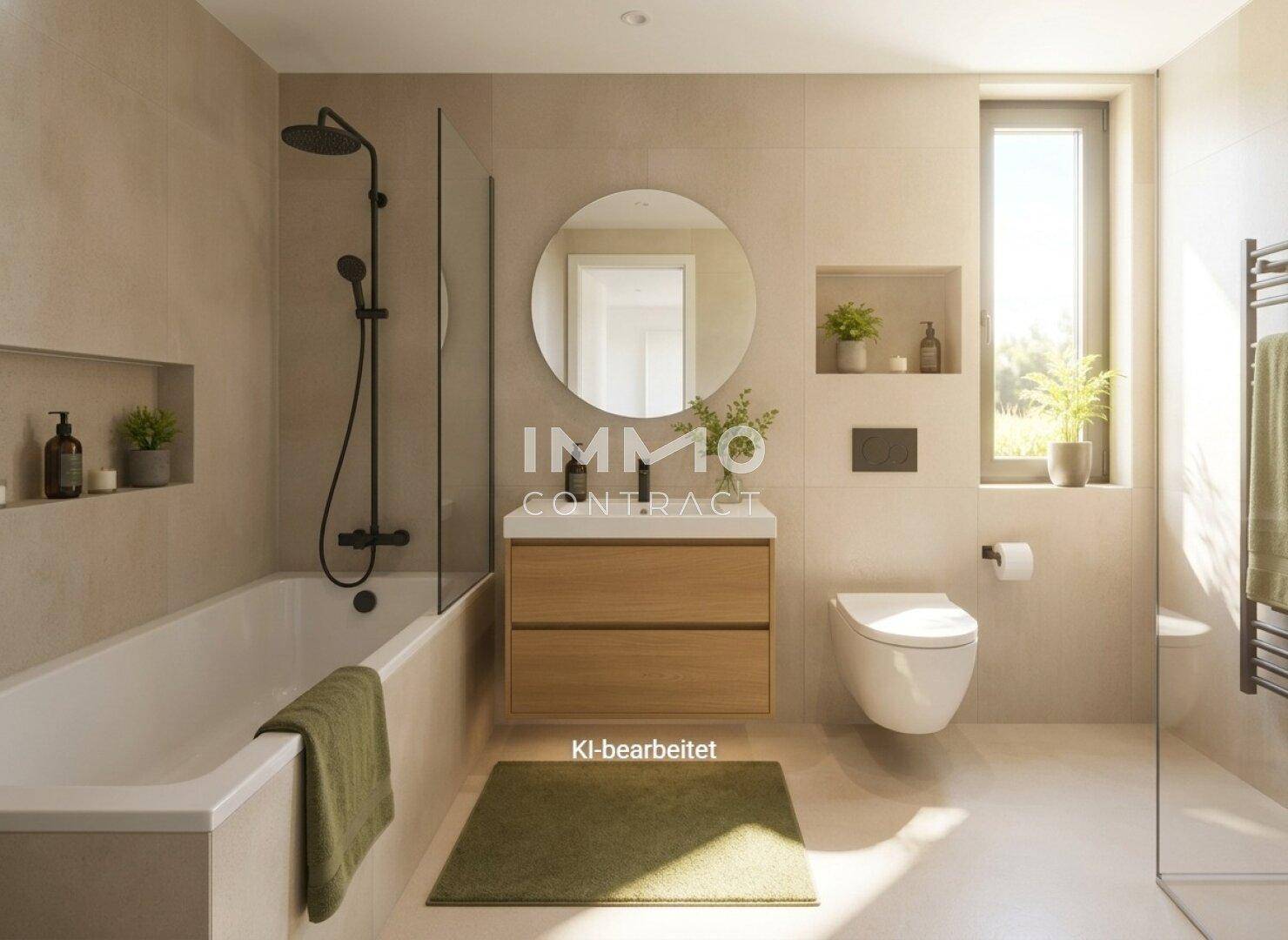 Modernes Badezimmer mit Badewanne, Dusche, Einzelwaschbecken und Fenster für Tageslicht.