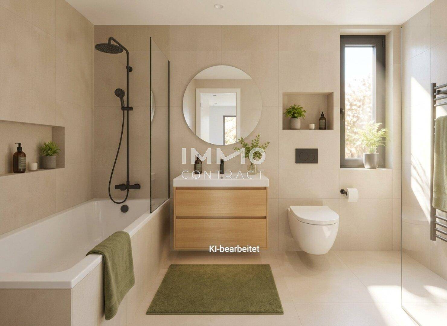 Modernes Badezimmer mit Badewanne, Dusche, schwebendem Waschtisch und Fenster.