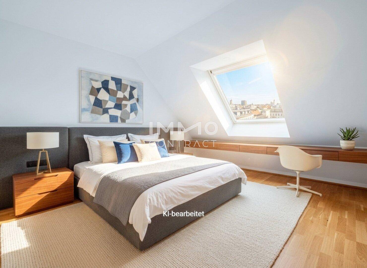 Helles Schlafzimmer im Dachgeschoss mit Holzboden, großem Bett und einem Dachfenster mit Stadtblick.
