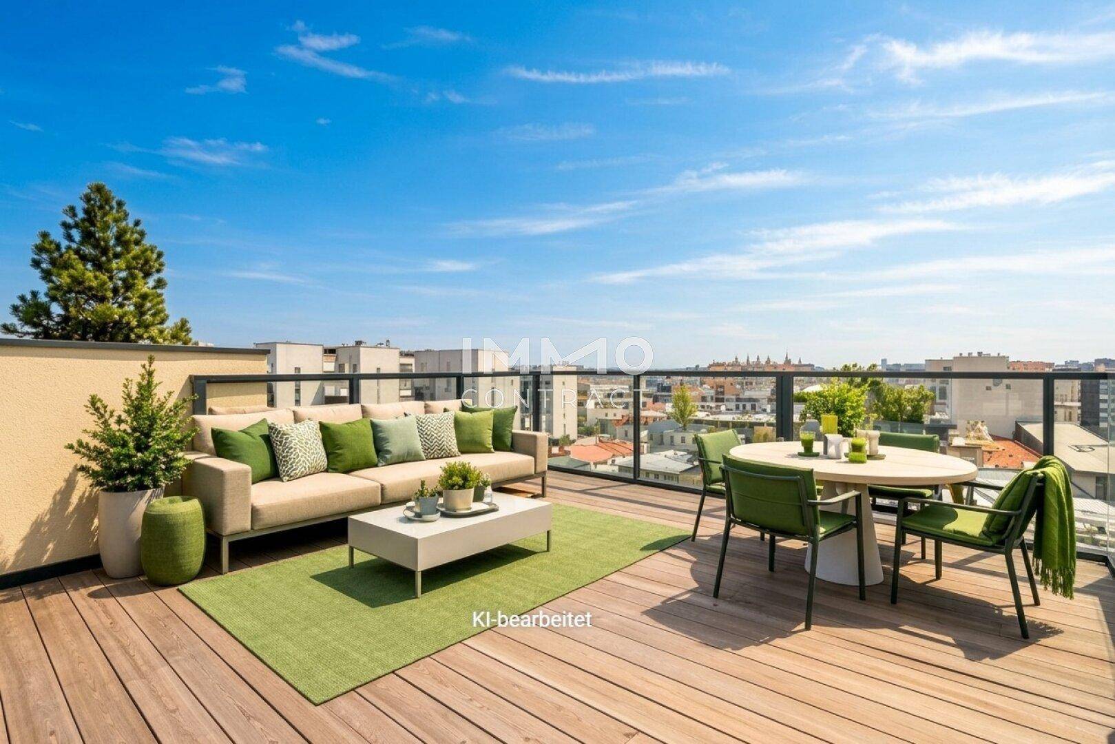 Geräumige Dachterrasse mit Holzdeck, bequemen Sitzmöbeln und weitem Blick über die Stadt.