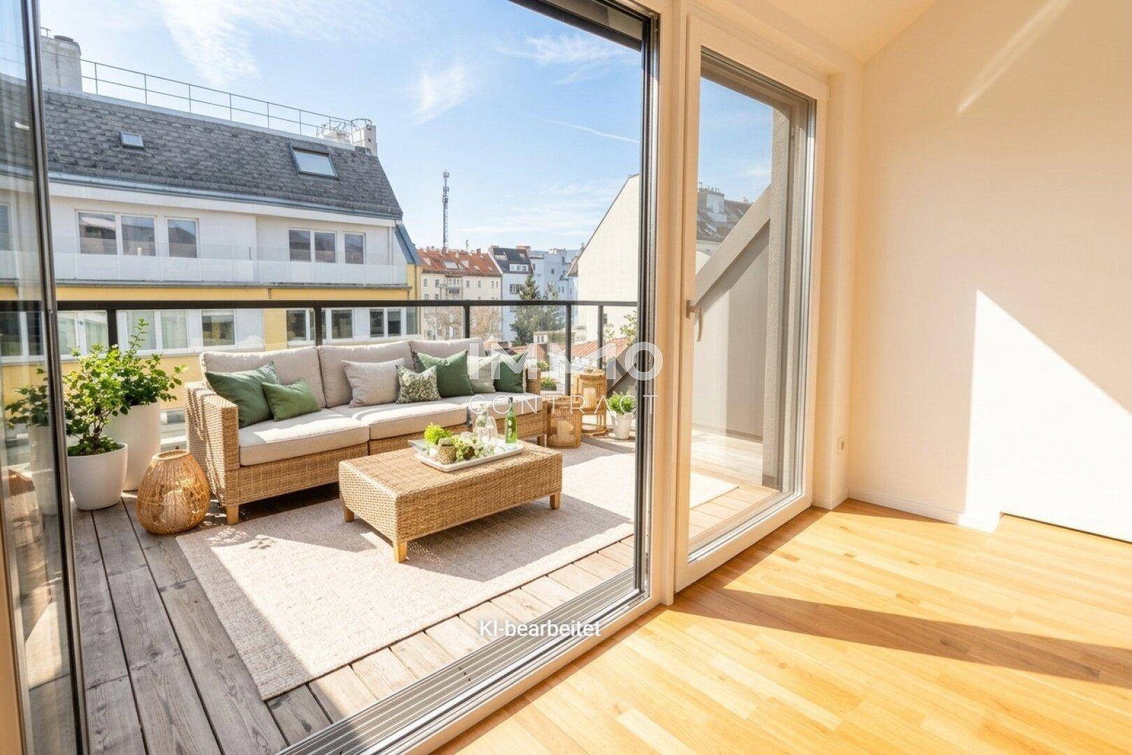 Gemütlicher Balkon mit Holzdeck und Rattanmöbeln, zugänglich durch große Glasschiebetüren.