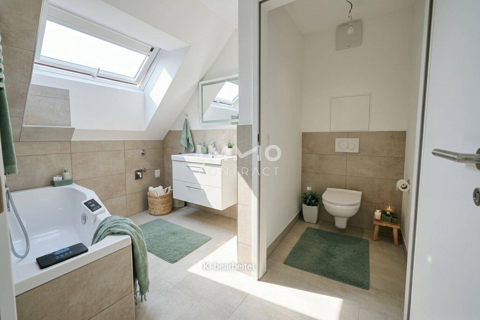Helles Badezimmer mit Badewanne, WC und Waschbecken, beleuchtet durch ein großes Dachfenster.