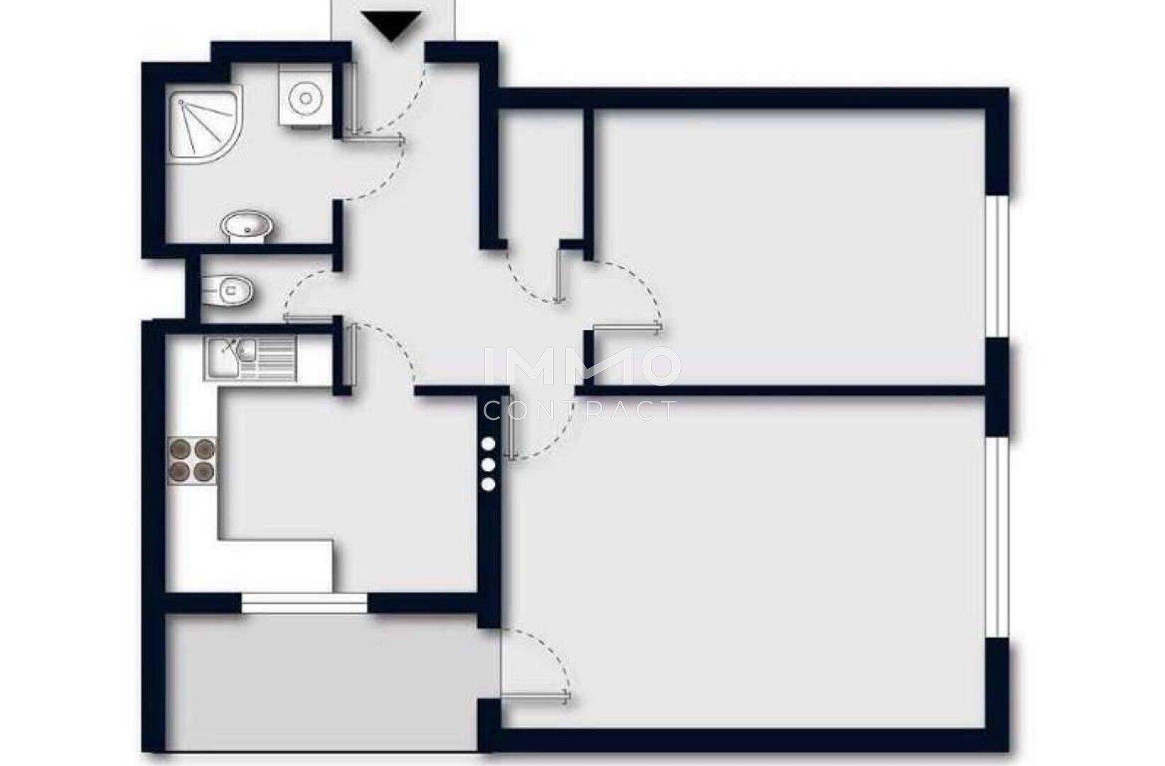 Grundriss der Wohnung mit Küche, Bad und zwei weiteren Zimmern.