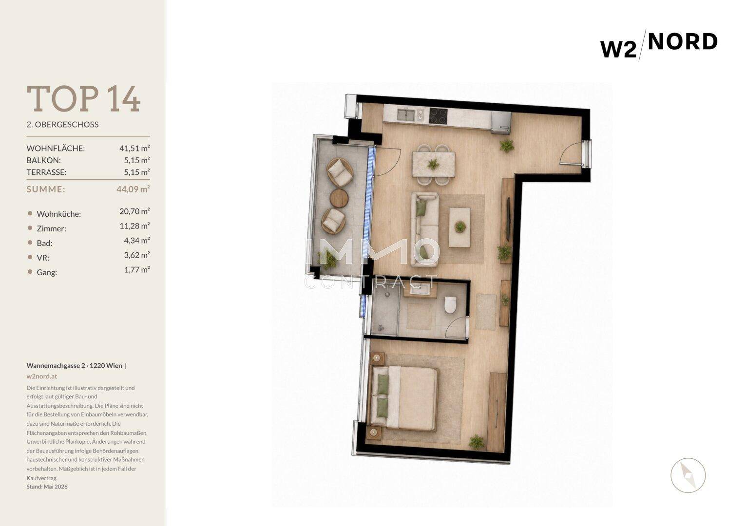 Grundriss einer Wohnung im zweiten Obergeschoss mit Balkon und Terrasse.