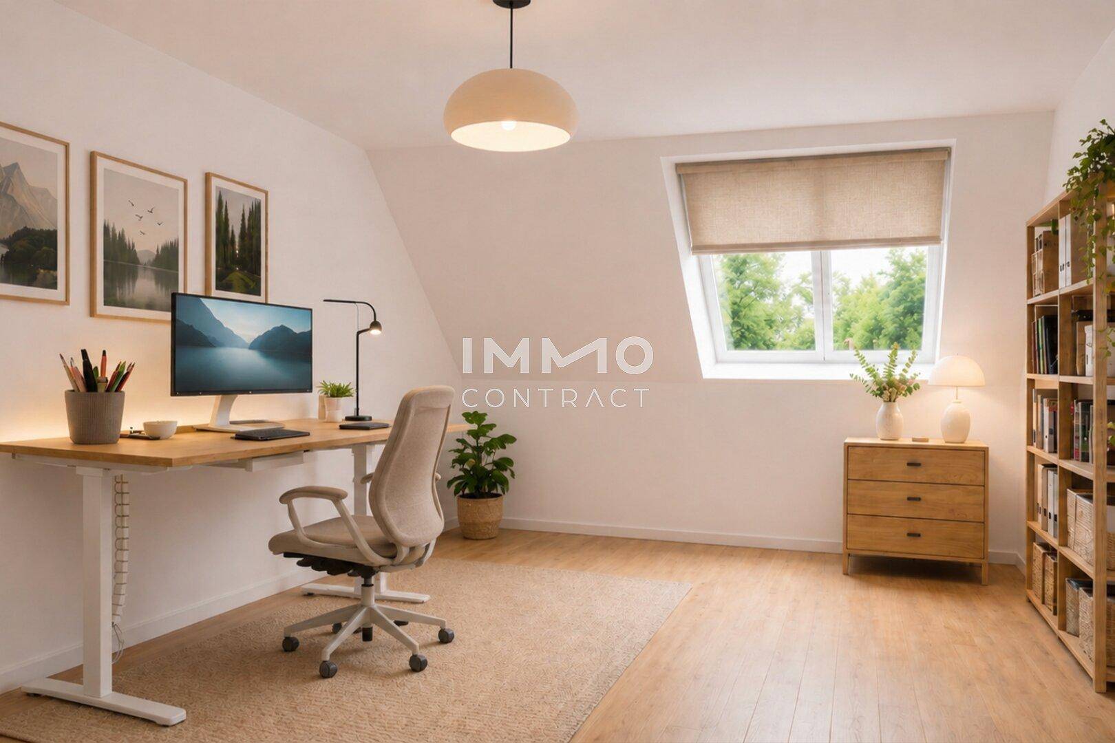 Modernes Arbeitszimmer mit höhenverstellbarem Schreibtisch, Bücherregal und Dachfenster für viel Licht.