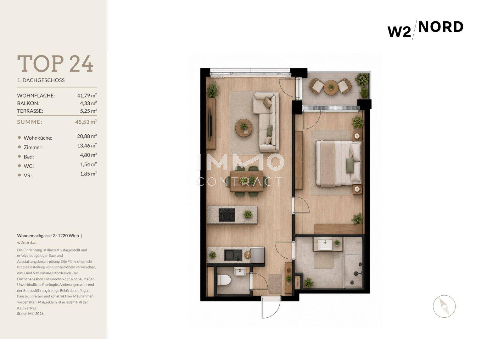 Detaillierter Grundriss der Wohnung TOP 24 im Dachgeschoss mit Balkon und Terrasse.