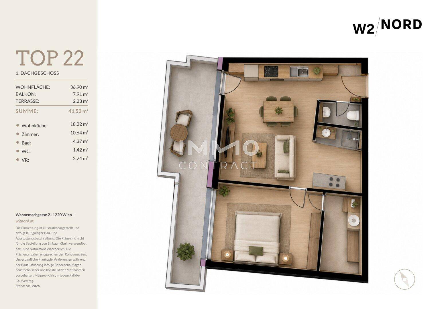 Grundriss der Wohnung W2 Nord, Top 22, mit Wohnküche, Schlafzimmer und Balkon.