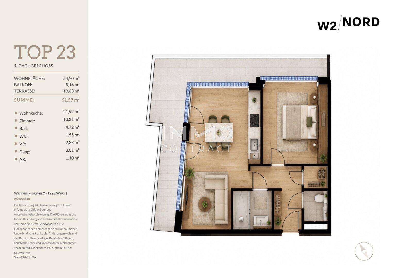 Detaillierter Grundriss der Wohnung W2 Nord im Dachgeschoss mit Flächenangaben.