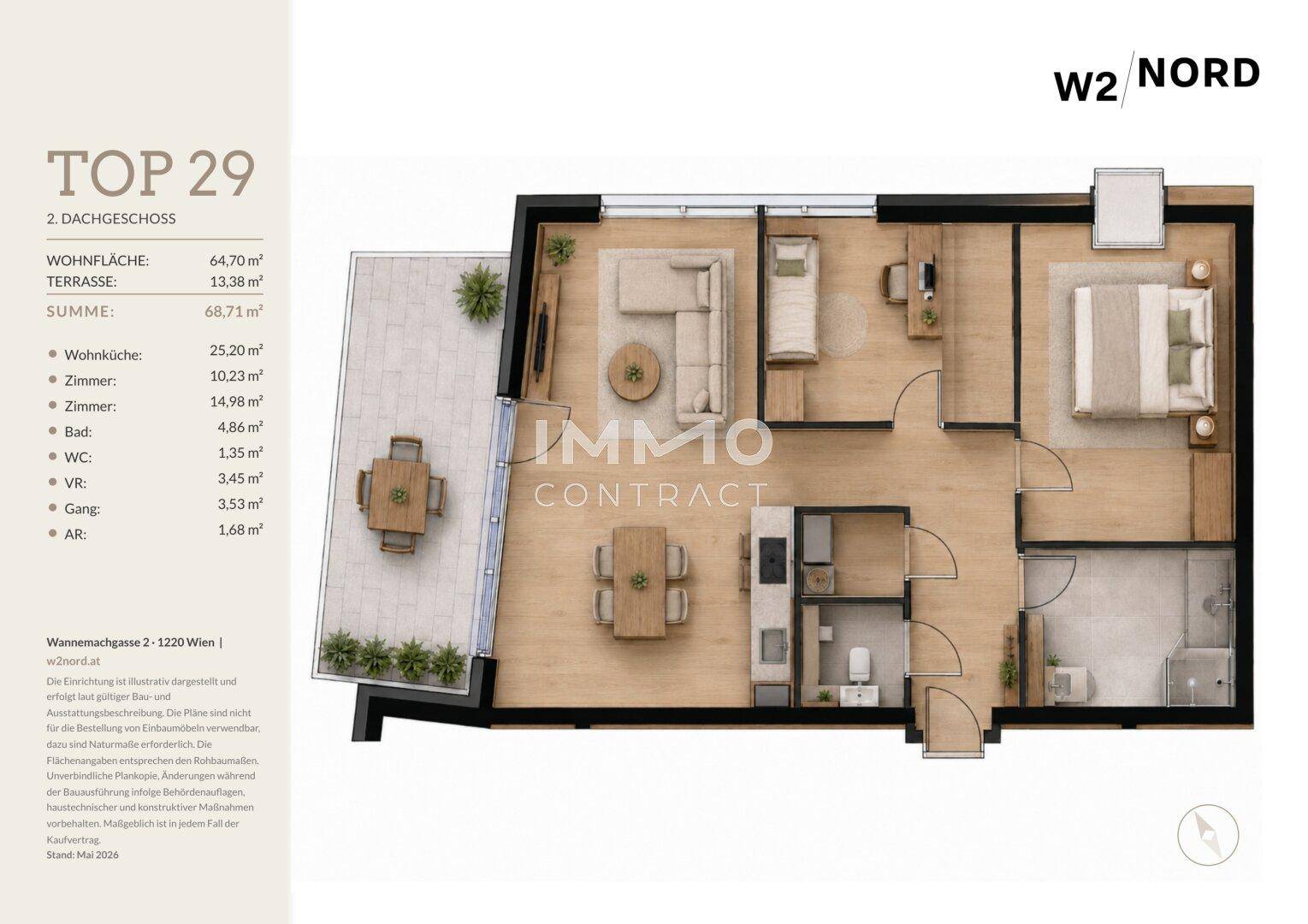 Detaillierter Grundriss der Wohnung Top 29 mit Wohnbereich, Schlafzimmer und Terrasse.