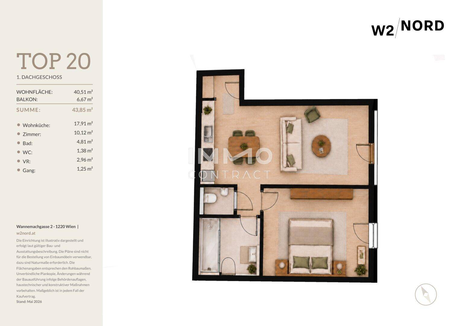 Grundriss einer Dachgeschosswohnung mit offenem Wohnbereich, Schlafzimmer und Balkon.