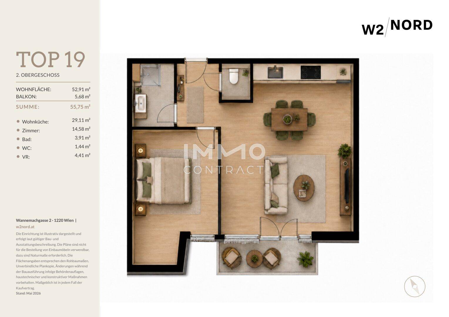 Grundriss der Wohnung W2 Nord, Top 19, mit Wohnfläche und Balkon.