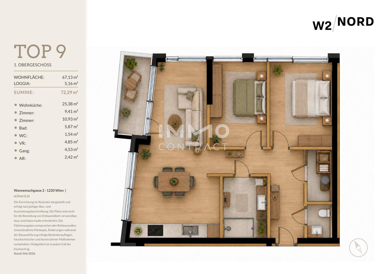 Grundriss der Wohnung TOP 9 im 1. Obergeschoss mit offener Wohnküche und Loggia.