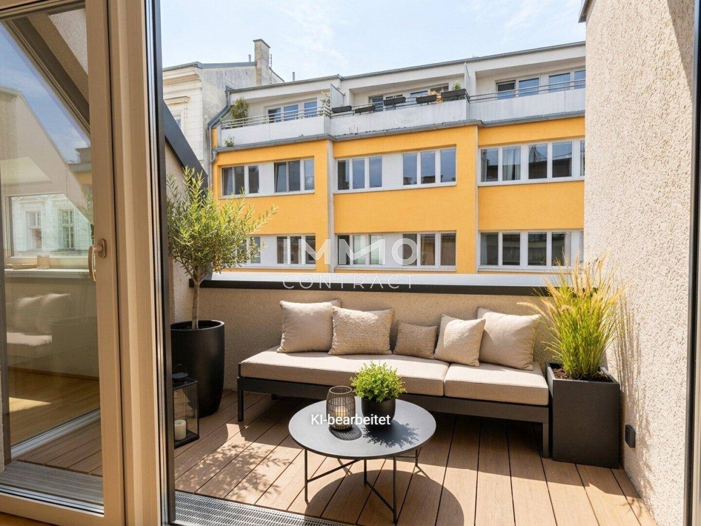 Heller Balkon mit gemütlicher Sitzgelegenheit, Holzboden und Blick auf die umliegenden Gebäude.