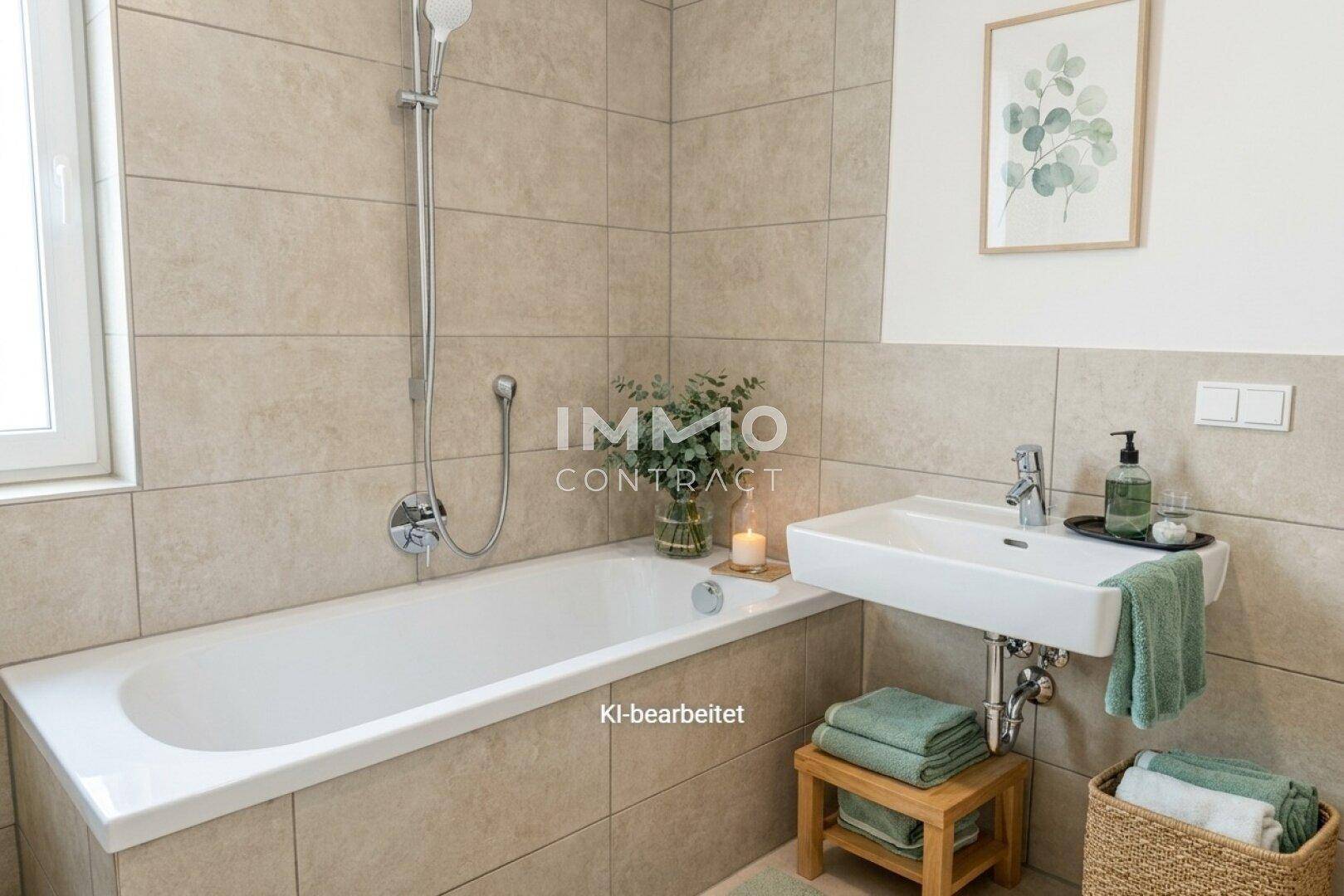 Modernes Badezimmer mit Badewanne, integrierter Dusche, Fenster und beigefarbenen Fliesen.
