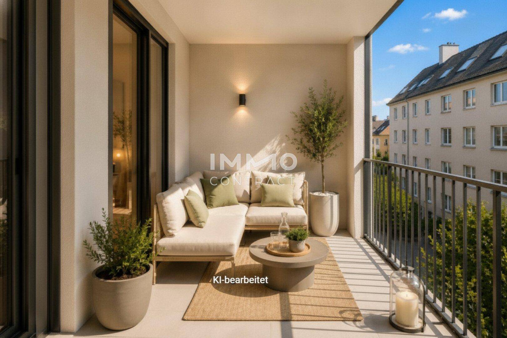 Heller Balkon mit bequemen Outdoor-Möbeln, Pflanzen und Blick auf die städtische Umgebung.