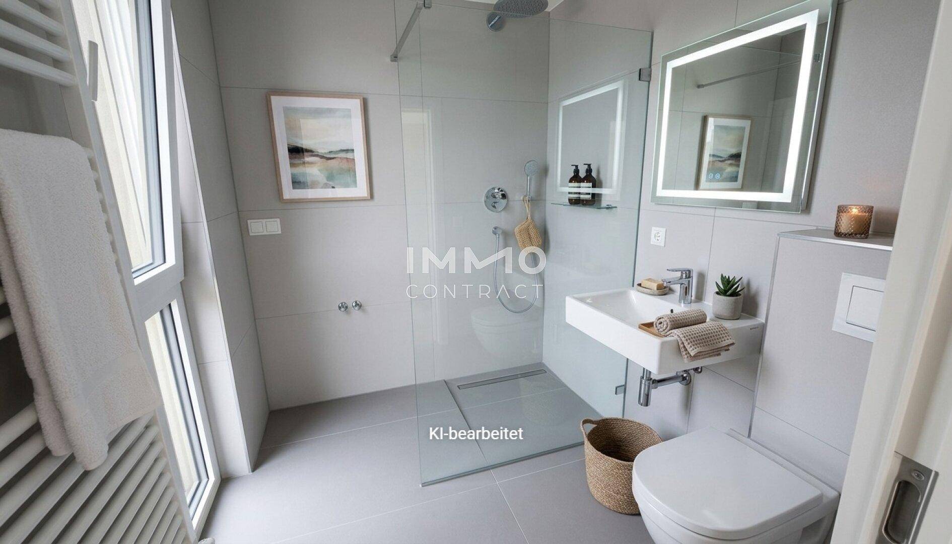 Modernes Badezimmer mit ebenerdiger Dusche, Einzelwaschbecken und Fenster.