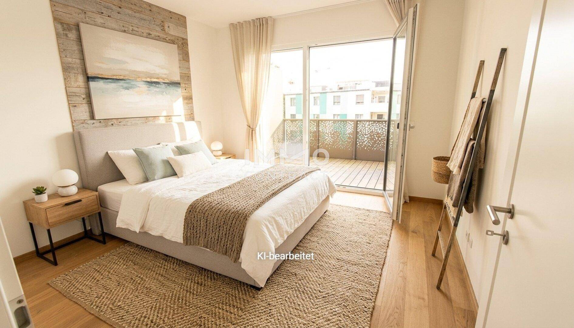 Gemütliches Schlafzimmer mit Holzboden, Doppelbett und direktem Zugang zum Balkon.