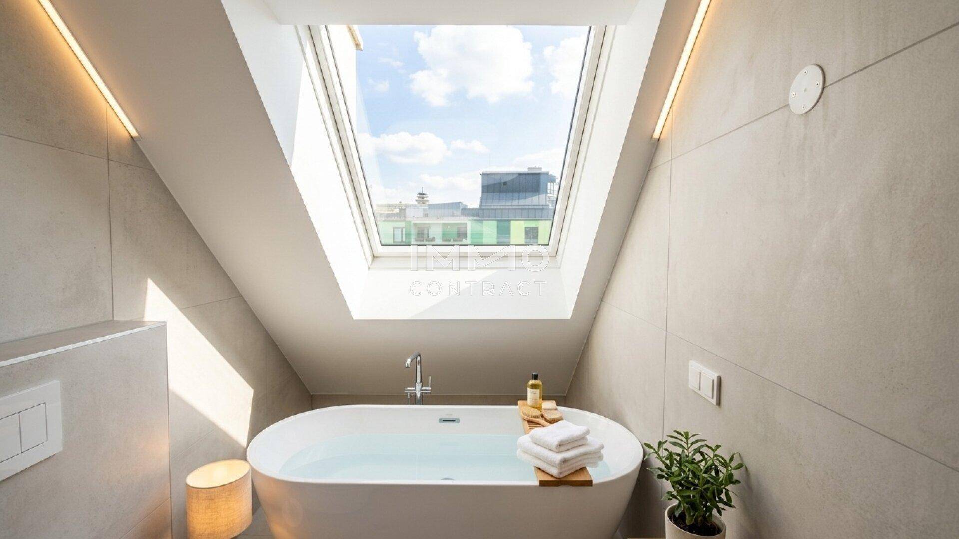 Elegantes Badezimmer mit freistehender Badewanne unter einem großen Dachfenster.